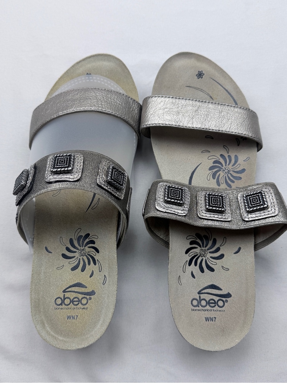 Abeo Silver Metallic Double-Strap Slide Sandals with Decorative Squares
